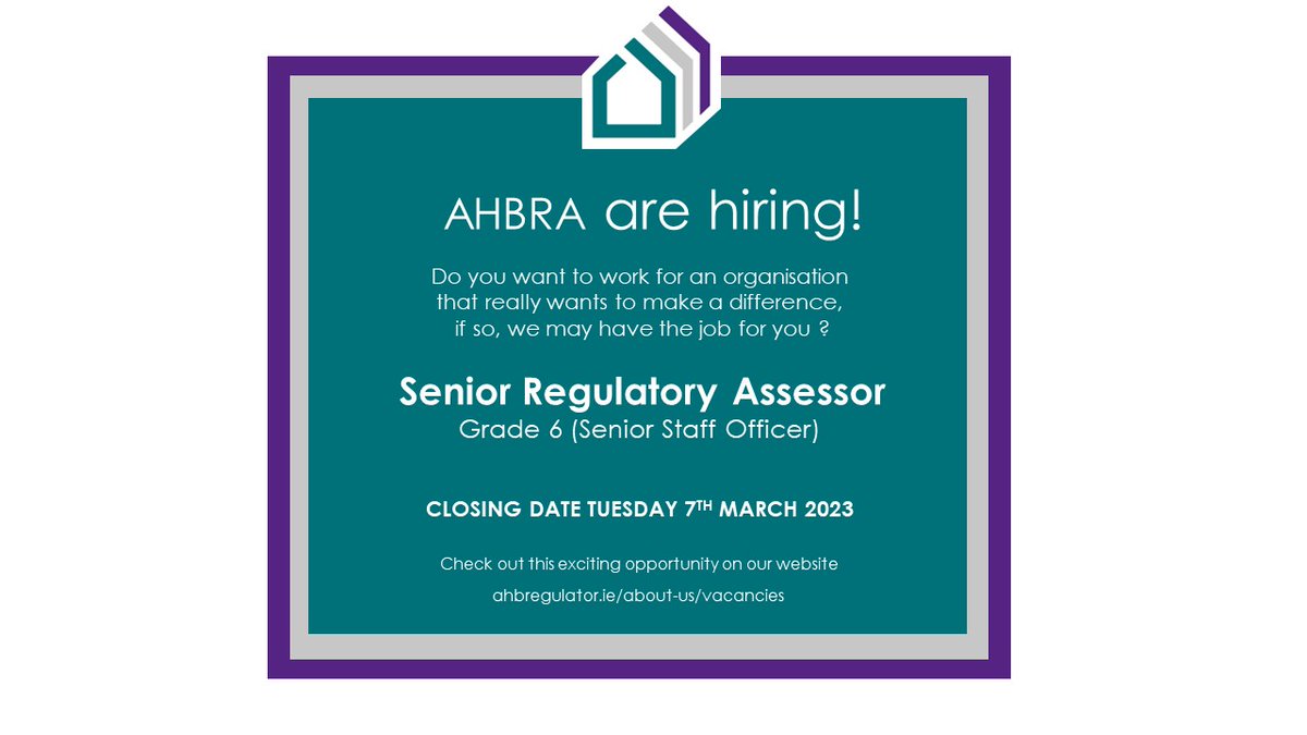 Come and work with us !
ahbregulator.ie/about-us/vacan…
