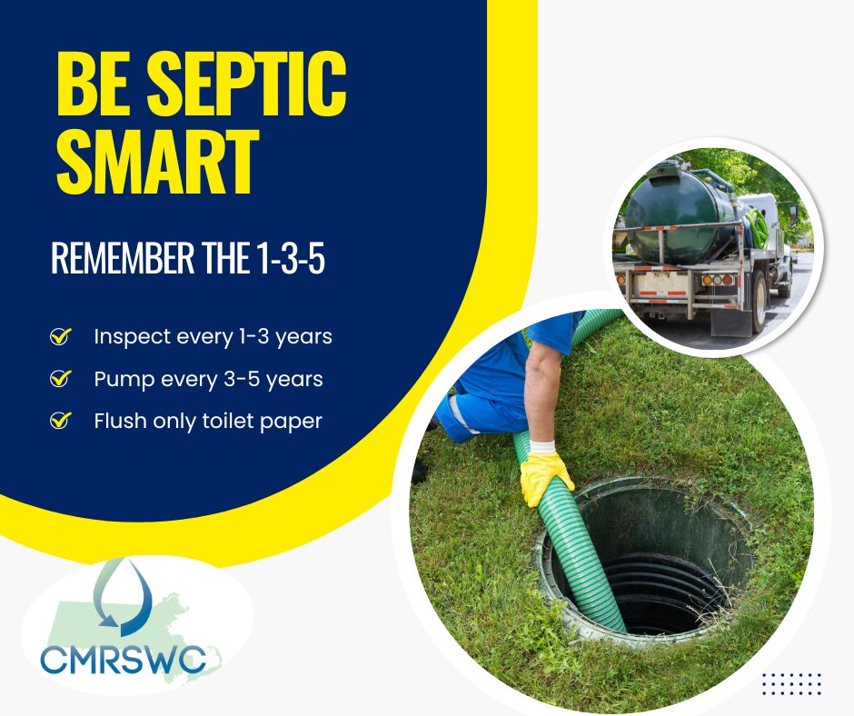 MAStormH2O's tweet photo. Be septic smart and remember the 1-3-5. Inspect your tank every 1-3 years, pump your tank every 3-5 years, and flush only toilet paper. All this will help prevent a septic leak, which could pollute water. #BeSepticSmart https://t.co/6G6fOxh1M7