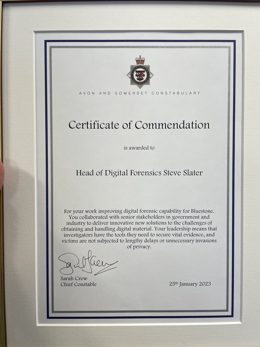 HeadofDigitalForensics_Steve (@headofdf_steve) on Twitter photo Grateful & honoured to receive a commendation today from <a href="/aspsarah_crew/">Sarah Crew</a> for our work towards improving the digital forensic response to victims of rape and serious sexual offences. Certainly a team effort and all are proud to be involved. <a href="/SW_Forensics/">South West Police Forensics</a> <a href="/DFOps_Jay/">Data Forensics Operations Manager Jay</a> Grateful & honoured to receive a commendation today from <a href="/aspsarah_crew/">Sarah Crew</a> for our work towards improving the digital forensic response to victims of rape and serious sexual offences. Certainly a team effort and all are proud to be involved. <a href="/SW_Forensics/">South West Police Forensics</a> <a href="/DFOps_Jay/">Data Forensics Operations Manager Jay</a>