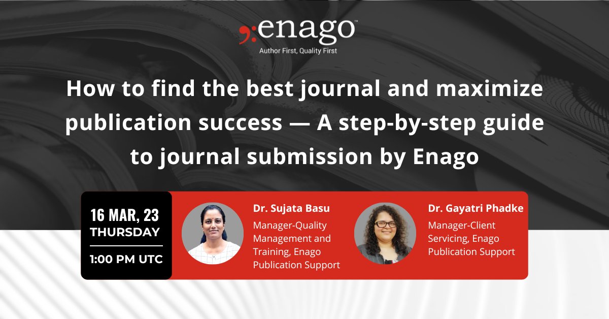 EnagoAcademy's tweet image. In this Webinar, our experts will show you how to find the right journal, &amp;amp; how to identify &amp;amp; fix the problems in your manuscript before it meets the scrutiny of journal editors and peer reviewers. 

Register NOW! enago.com/events/step-by…

#webinar #JournalPublication #manuscripts