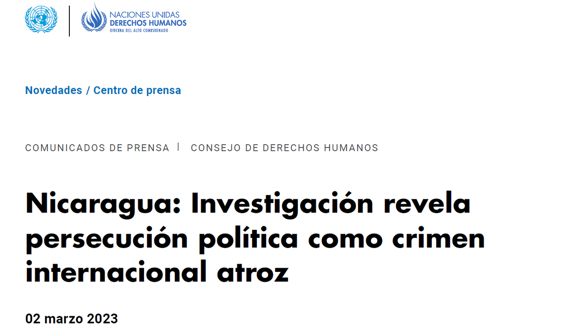 Informe del Grupo de Expertos de <a href="/ONU_es/">Naciones Unidas</a> sobre #Nicaragua es contundente. El gobierno de #Ortega está cometiendo crímenes de lesa humanidad contra civiles por razones políticas, y pide a la comunidad internacional que imponga sanciones a las instituciones o personas involucradas.
