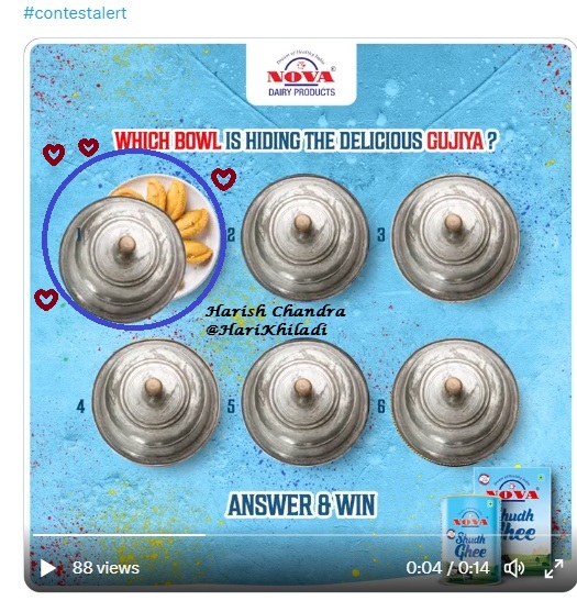 @novadairy Yummy Gujiyas are in Bowl No. 1 😍😍
(as in attached screenshot)

Join the fun  #contestalert #giveaway #ghee #novaghee #holi #holiweek #gujiya #sweets #dairy #dairybrand #celebrations with @novadairy 

@ReachAalia
@laxmi_sweet
@Dsp711
@hiteshk97
@Womaaniya