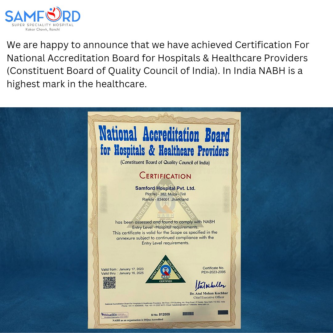 SamfordHospital's tweet photo. We are happy to announce that we have achieved Certification For

National Accreditation Board for Hospitals &amp; Healthcare Providers (Constituent Board of Quality Council of India). In India NABH is a highest mark in the healthcare.

@QualityCouncil @NABH_QCI https://t.co/6FbvghRlOy