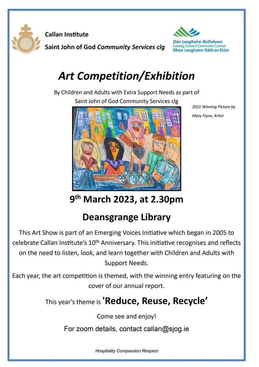 It's busy around here - we're out with the crafts materials preparing for our annual art exhibition in Deansgrange Library dlr Libraries. Join us online next Thursday, 9th March to hear the winners announced! Contact Callan@sjog.ie for the zoom link - all are welcome!