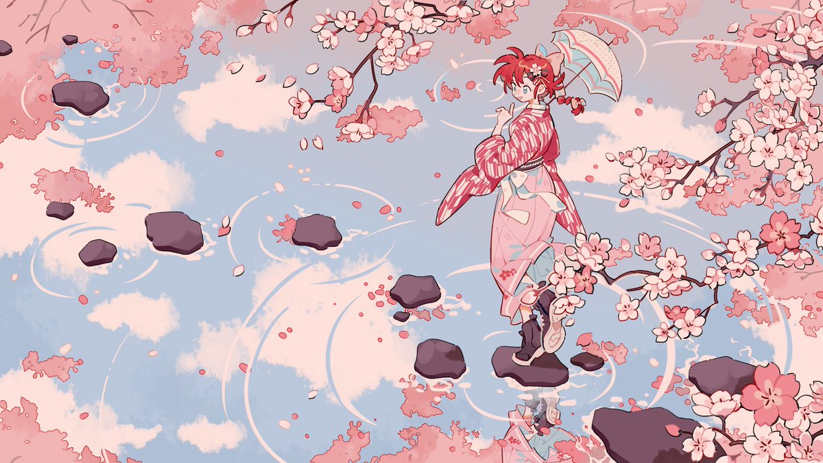 ranma-chan 1girl cherry blossoms umbrella reflection braided ponytail solo red hair  illustration images