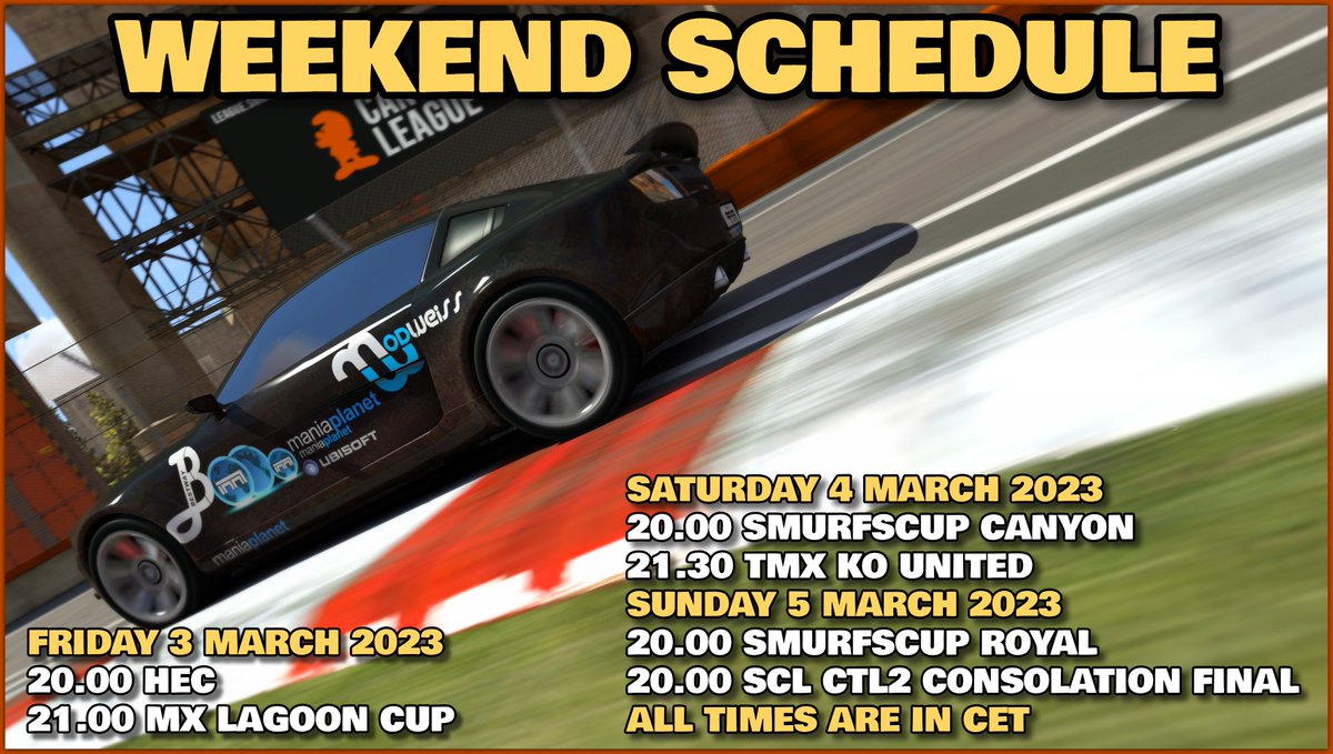 More info about the Smurfscups (Canyon and Royal) at smurfen.nu/index.php 
More info about the MX Ko's tm.mania-exchange.com/threads/4168
More info about the TMX Ko's united.tm-exchange.com/main.aspx?acti…