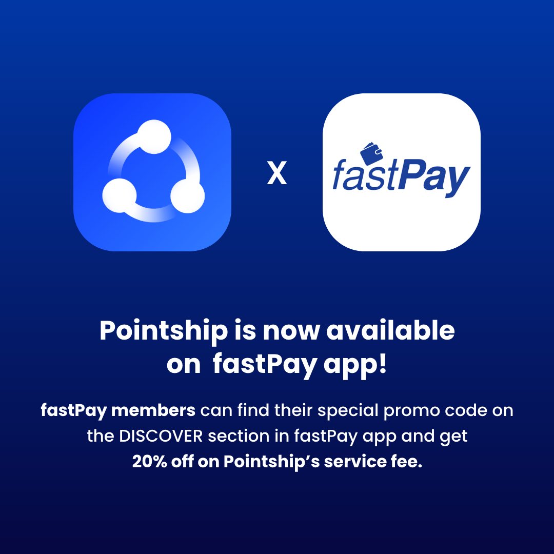 Pointship is now available on fastPay application! 🎉

fastPay members can find their special promo code on the DISCOVER section in fastPay app and get 20% off on Pointship’s service fee.

#fastPay #Pointship #SpecialOffer #PromoCode #Discount #collab #newpartnership