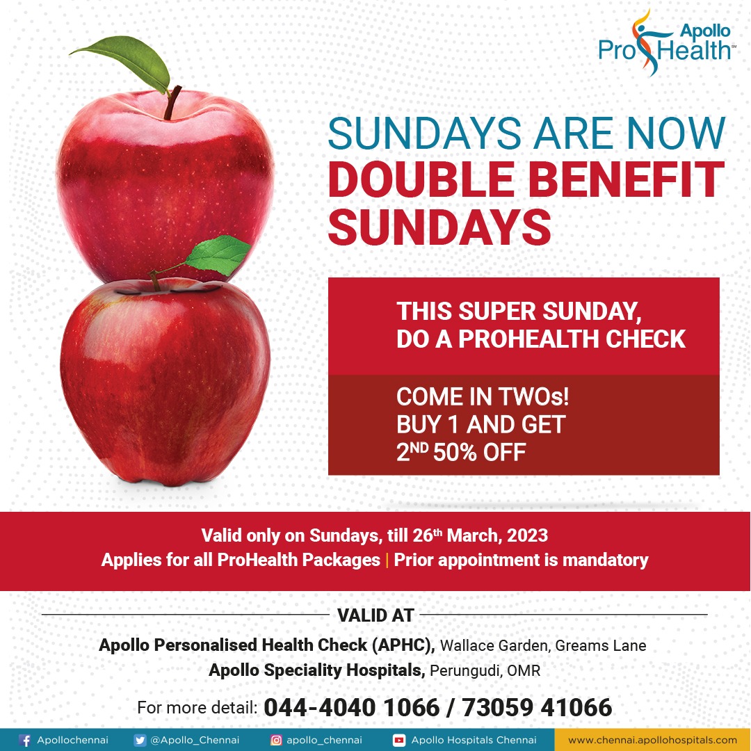Apollo_Chennai's tweet image. Celebrate Sundays with the double benefits of Apollo Prohealth!   
Bring your partner &amp;amp;get them checked at half the price. With one Apollo #Prohealth package, now get the second one for 50% off.  
Offer applies only on Sundays till 26 March 2023. Prior appointments are mandatory.