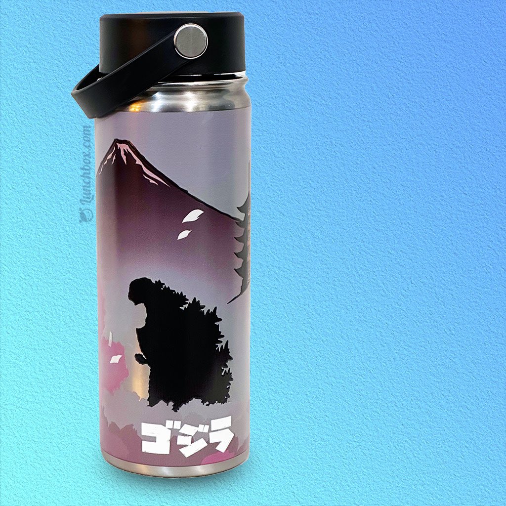 LunchboxDotCom's tweet photo. Our new Godzilla stainless steel water bottle. Artwork is of classic Japanese style - think The Great Wave Off Kanagawa but with #Godzilla. https://t.co/5BXfwqu6wI