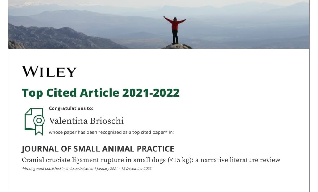 We are delighted to share that an article written by Valentina, one of our surgeons, has been listed within the top cited articles in 2021-2022! #Orthopaedics #OrthopaedicSurgeon #Veterinary #Smallanimal