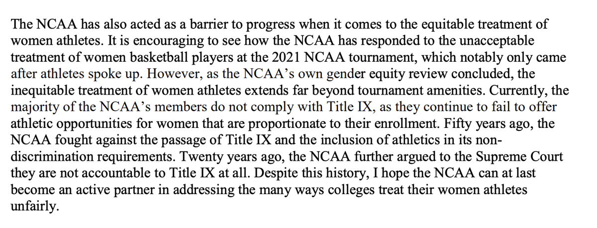 Thankful to have an advocate like Senator <a href="/ChrisMurphyCT/">Chris Murphy 🟧</a> with regards to the NCAA's (mis)handling of gender equity in collegiate sports. 

Full letter to new <a href="/NCAA/">NCAA</a> President Charlie Baker - murphy.senate.gov/imo/media/doc/…