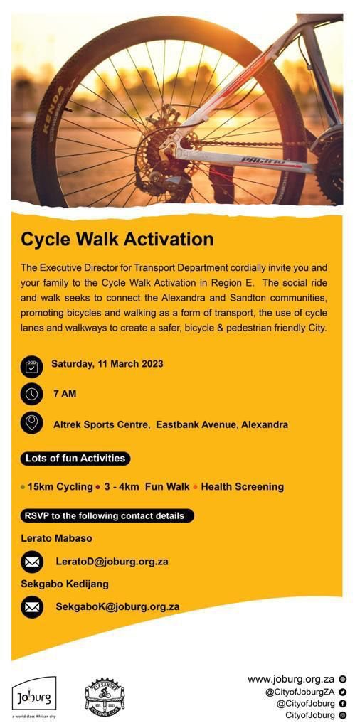 CityofJoburgZA's tweet photo. The Department of Transport will be hosting Cycle Walk Activation in partnership with Reg E CRUM, Sports and Recreation Department and Alexandra Cycle Club #CycleWalkAlex  ^NB https://t.co/rxOE1C8K6R