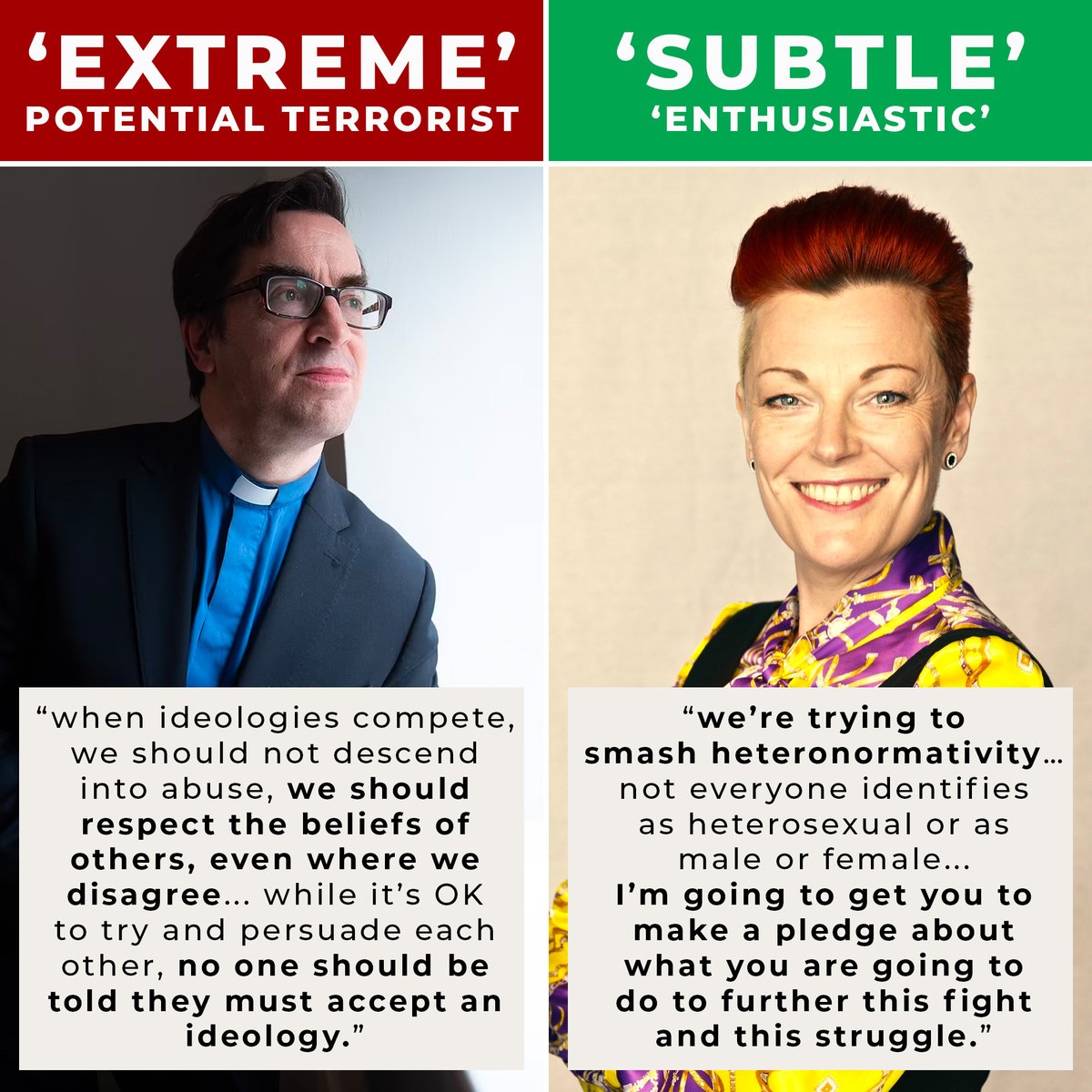 CConcern's tweet photo. Which of these is the true extremist?

In her ruling against Rev. Dr Bernard Randall, Judge Victoria Butler declared his views were "extreme" whilst also claiming Dr Elly Barnes was "subtle" and her chants of "smash heteronormativity" were "enthusiastic".

https://t.co/83rvDAiAtn https://t.co/pVD2dNzu1C