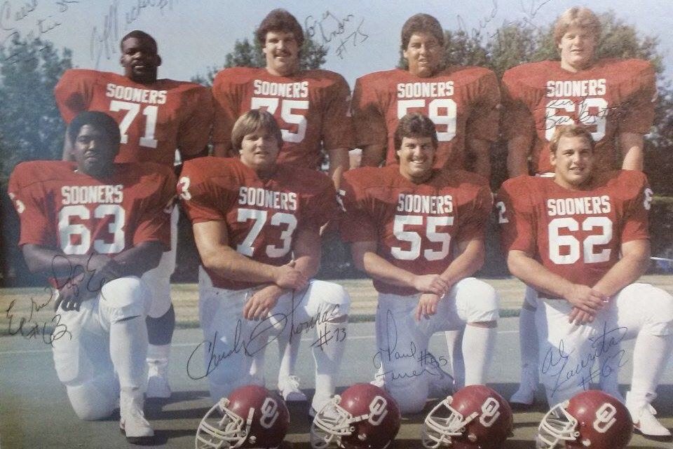 chris_lambakis's tweet photo. #TBThursday Members of the 1984 Offensive Line. 63 Eric Pope, 73 Chuck Thomas, 55 Paul Ferrer, 62 Al Laurita, 71 Jeff Pickett, 75 Greg Johnson, 59 David Dillingham &amp; 69 Brent Burks. @MPSallusti73 @Soonerorthodds @Barry_Switzer @PARTAYYYY @MolohaMonte @JWarwickINS @WallisMarsh https://t.co/V30DnhTxji