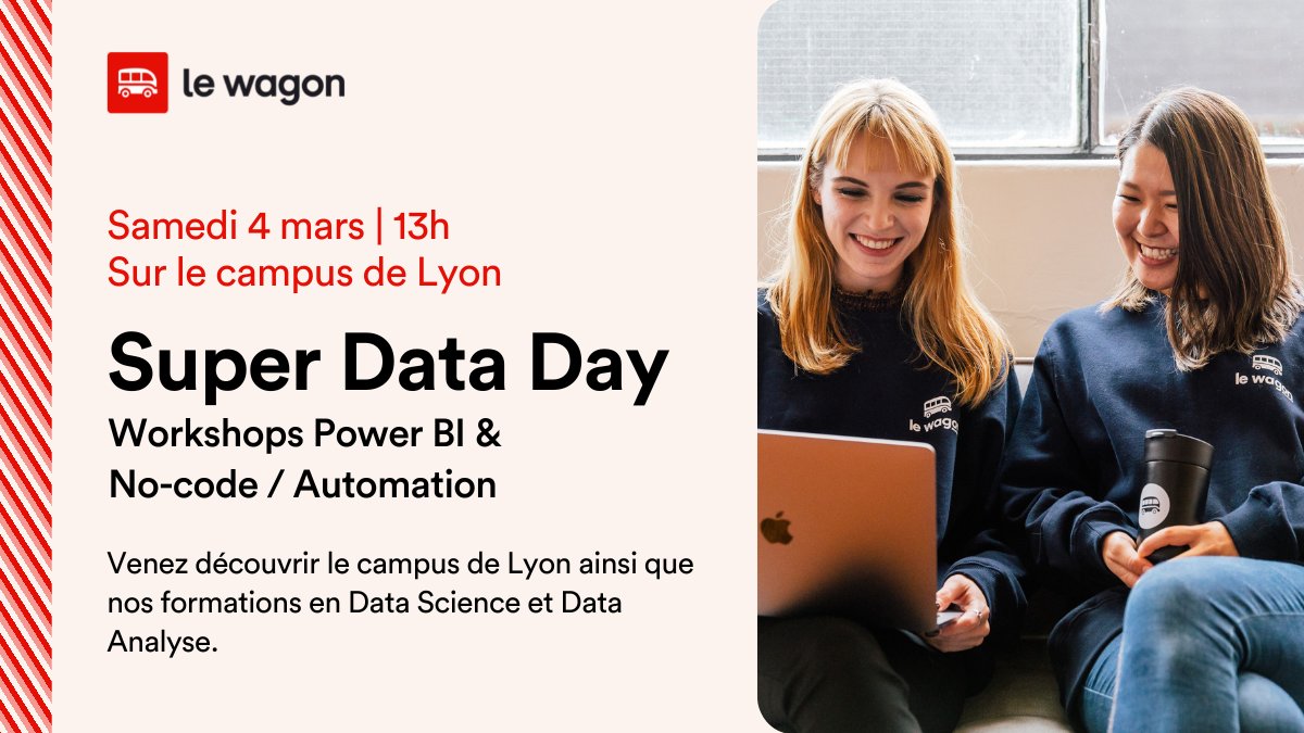 H7lyon's tweet photo. Samedi 4 mars, @lewagonlyon vous invite à son Super Data Day 👀

Au programme :

✏️Ateliers d'initiation à l'analyse de données et au no-code
🔍 Découverte des formations et info-session sur les financements possibles

Les inscriptions sont ouvertes !  https://t.co/V8G26jidji https://t.co/pJYSXUjwOk
