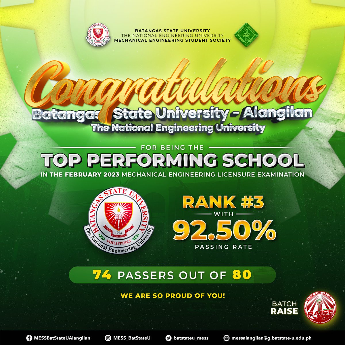 batstateu_mess's tweet photo. Congratulations 𝐁𝐚𝐭𝐜𝐡 𝐑𝐀𝐈𝐒𝐄,  we are once again the  𝐓𝐎𝐏 𝐏𝐄𝐑𝐅𝐎𝐑𝐌𝐈𝐍𝐆 𝐒𝐂𝐇𝐎𝐎𝐋 in the recently concluded February 2023 Mechanical Engineering Licensure Examination 𝐑𝐀𝐍𝐊𝐄𝐃 𝟑 with 𝟗𝟐.𝟓𝟎% 𝐏𝐀𝐒𝐒𝐈𝐍𝐆 𝐑𝐀𝐓𝐄! https://t.co/dfryftRuWj