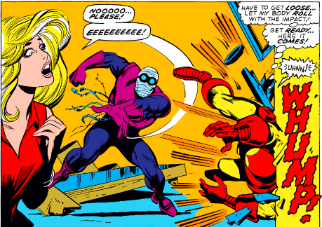 MarvelADay's tweet photo. #MarvelADay #IM45 I know that Tony makes short work of the Night Phantom android, but I actually liked this panel of Iron Man being tossed against the wall better. WHUMP! We are also told that Mister Kline will no longer appear in this book. See #DD84 on Tuesday for why!- VA https://t.co/qWJThUfdwn