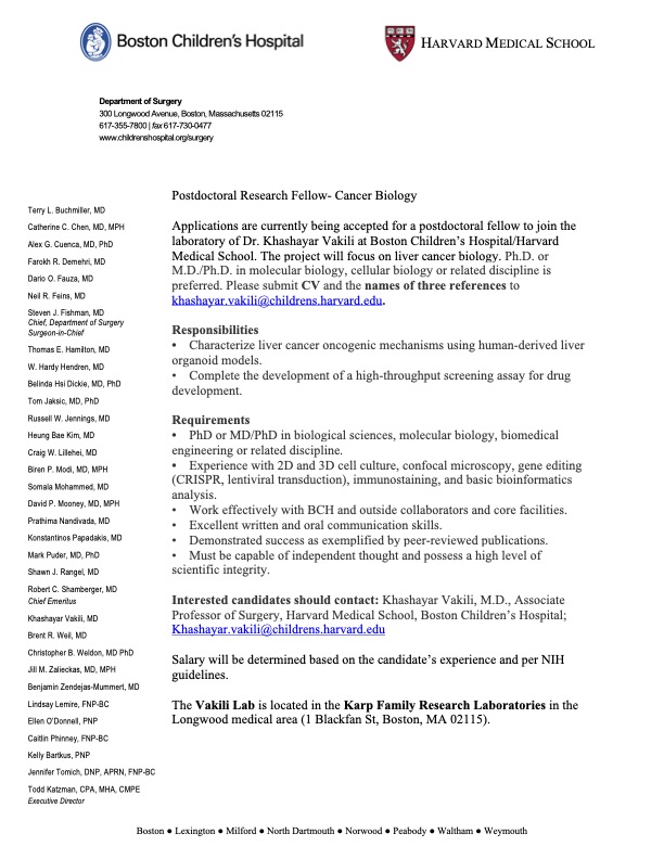 The Vakili lab <a href="/BostonChildrens/">Boston Children's</a> is looking for a talented post-doc interested in cancer biology. Please check out the job posting below and apply!

***Please RT***
👇👇👇