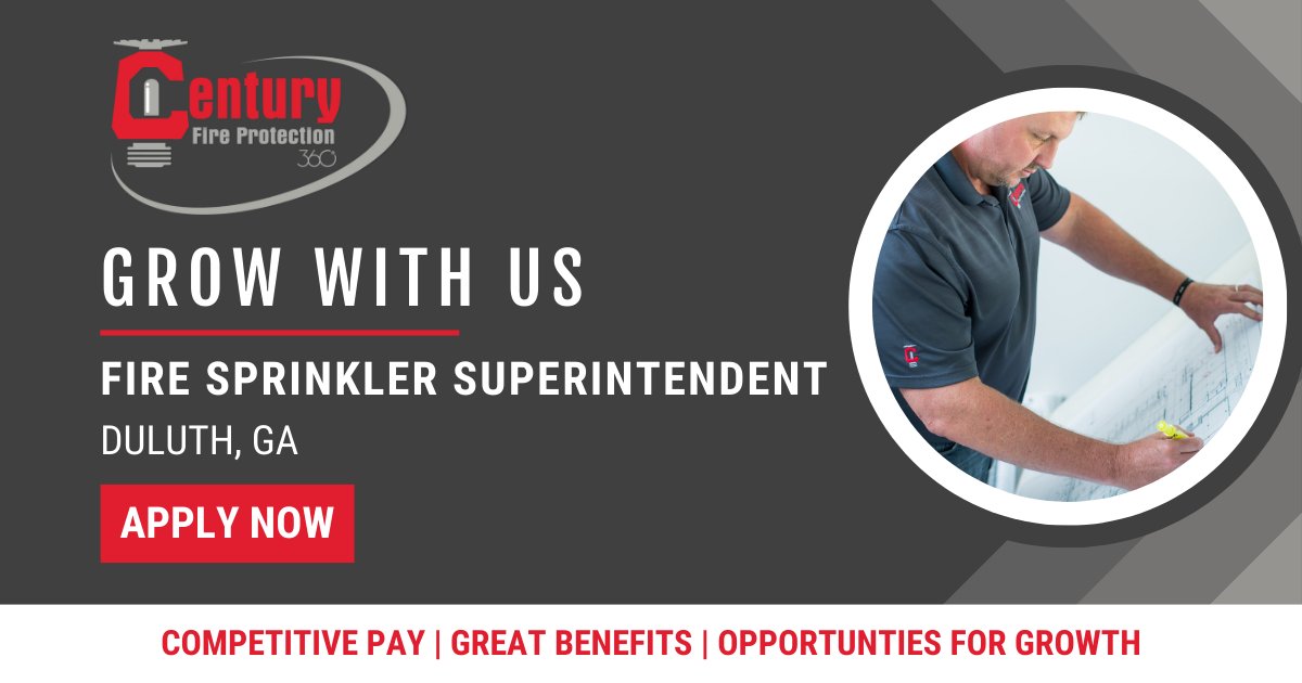 CenturyFP's tweet image. Join us in Duluth, GA as a Superintendent for one of our Fire Sprinkler Install Teams! Learn more and apply here: hubs.la/Q01Dxjj70

#Hiring #FireProtectionJobs