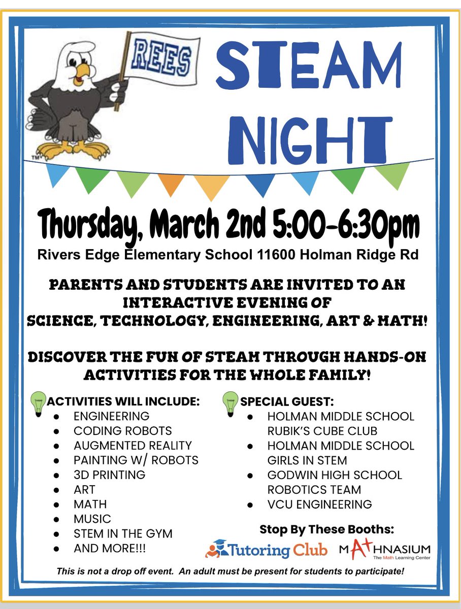 Tonight is the night!!! Come out for an exciting interactive evening of science, technology, engineering, art and math. Discover the fun of STEAM through hands-on activities for the whole family! <a href="/REESeagles/">Rivers Edge Elem.</a>  <a href="/HCPS_Innovates/">HCPS Innovative Learning</a> <a href="/Henrico_Steam/">Henrico STEAM</a> <a href="/HenricoElem/">Henrico Elem Schools</a>
