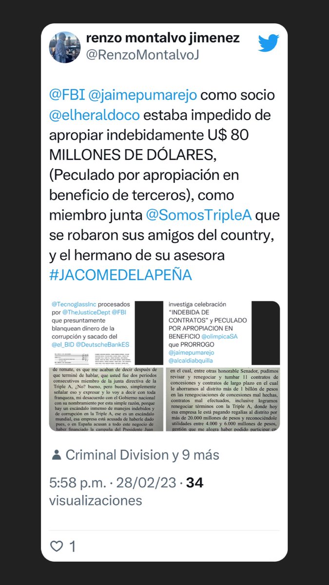 RenzoMontalvoJ's tweet photo. @PilarGGranja @monteroblog @NiusDiario @bbva @BancoGanadero @BancoAgrario deben ser investigados por @FBI @SECGov @DOJNatSec @SEC_Investor_Ed y “Extinguir el dominio” de las familias #Gerlein, #JacomedelaPeña #NicoleladeCaro @jaimepumarejo y @elsanoguerabaq por actos corrupción en @SomosTripleA caso #Lezo #Odebrecht https://t.co/DxCE40tP87