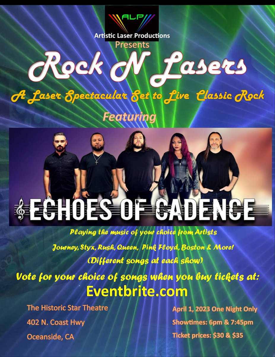 ARTISTIC LASER PRODUCTIONS presents a night of lasers and music in Oceanside at THE HISTORIC STAR THEATER.  There are two time sets: April 1st | 6 pm and 8 pm. Get your tickets NOW! Ticket sales:  Eventbrite eventbrite.com/.../rock-n-las…...