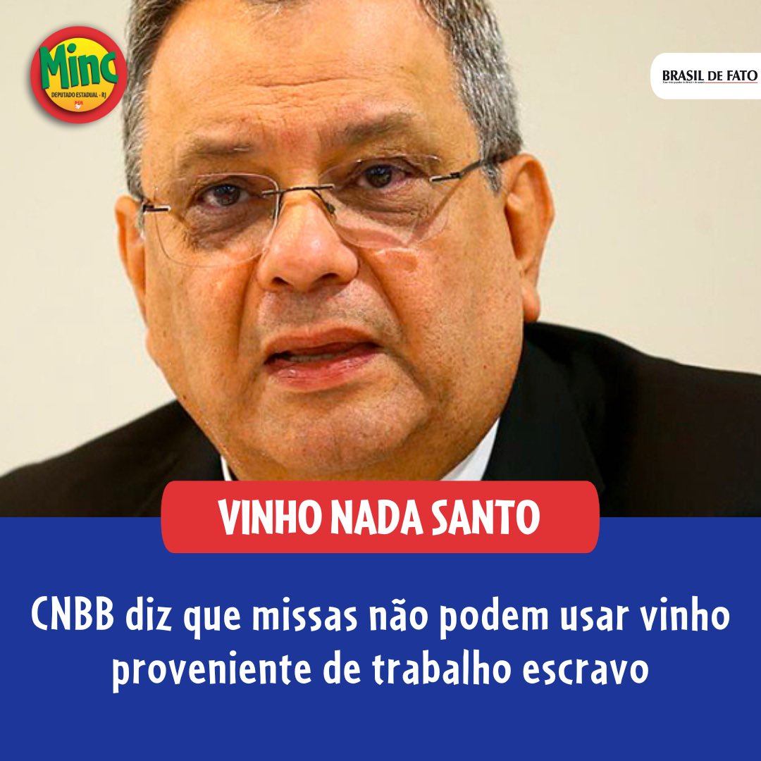 Excelente posição da CNBB de não aceitar nas missas vinhos originados do trabalho escravo. Uma forma excelente de boicote. Entrei com PL na Alerj que determina que as terras de trabalho escravo no Rio sejam imediatamente revertidas à reforma agrária. Muito importante!