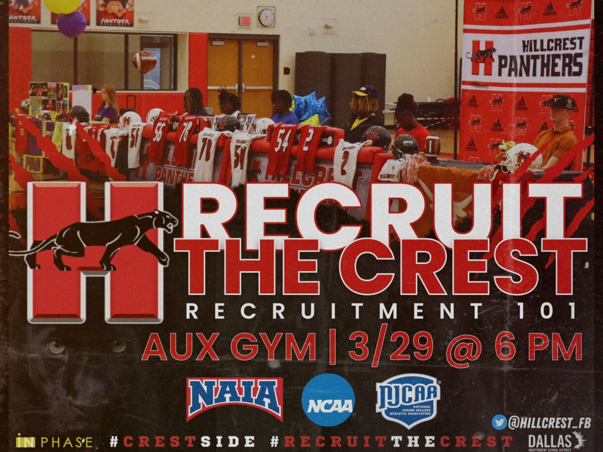 Hillcrest Athletics (@hillcrest_ath) on Twitter photo Recruit The Crest: Recruitment 101
Come learn the process and steps in getting Recruited and playing at the next level!
ALL Parents and Student-Athletes are welcome!
<a href="/PanthersHHS/">Hillcrest HS</a> <a href="/BFMSFalcons/">Benjamin Franklin Int'l Exploratory Academy</a>
#CrestSide #RecruitTheCrest #Recruitment101 Recruit The Crest: Recruitment 101
Come learn the process and steps in getting Recruited and playing at the next level!
ALL Parents and Student-Athletes are welcome!
<a href="/PanthersHHS/">Hillcrest HS</a> <a href="/BFMSFalcons/">Benjamin Franklin Int'l Exploratory Academy</a>
#CrestSide #RecruitTheCrest #Recruitment101