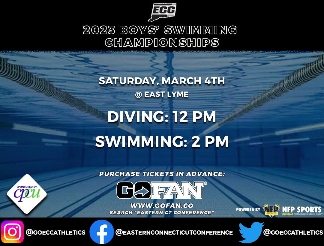 GoECCAthletics's tweet photo. Don't miss out on the 2023 @GoECCAthletics Boys' Swimming &amp; Diving Championships! Purchase tickets in advance at https://t.co/oRh2OVtjBM @NFP_CTEast #eccnation https://t.co/CDLgLFSlFr