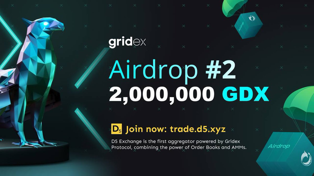 👀 @gridexprotocol, the first fully on-chain order book trading protocol on Ethereum. New Defi exchange <a href="/d5exchange/">D5 Exchange</a> is their first app and just had over 19.5m volume (one pair only) in the last 24 hours. GDX will be trading there &amp; they're running an airdrop. Grab free money 💰