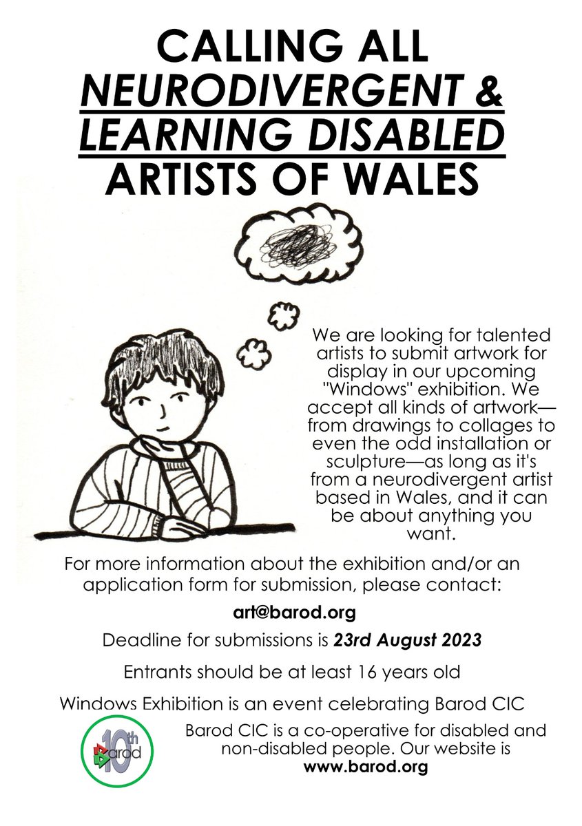 Excited to announce that we are looking for neurodivergent &amp; learning disabled artists in Wales to participate our upcoming exhibition. Feel free to contact our us for more info and/or an application form.

#ActuallyAutistic #Wales #art