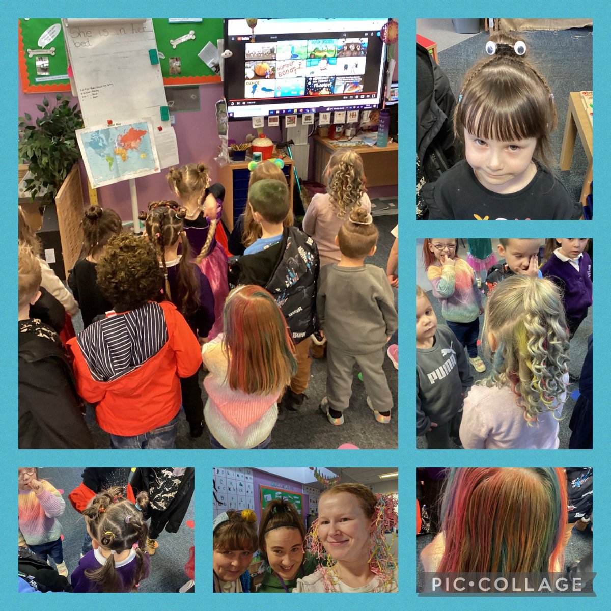 WoodvaleAcad's tweet image. Adults and children in #ReceptionRobins having great fun on #WorldBookDay2023 with their crazy hair!