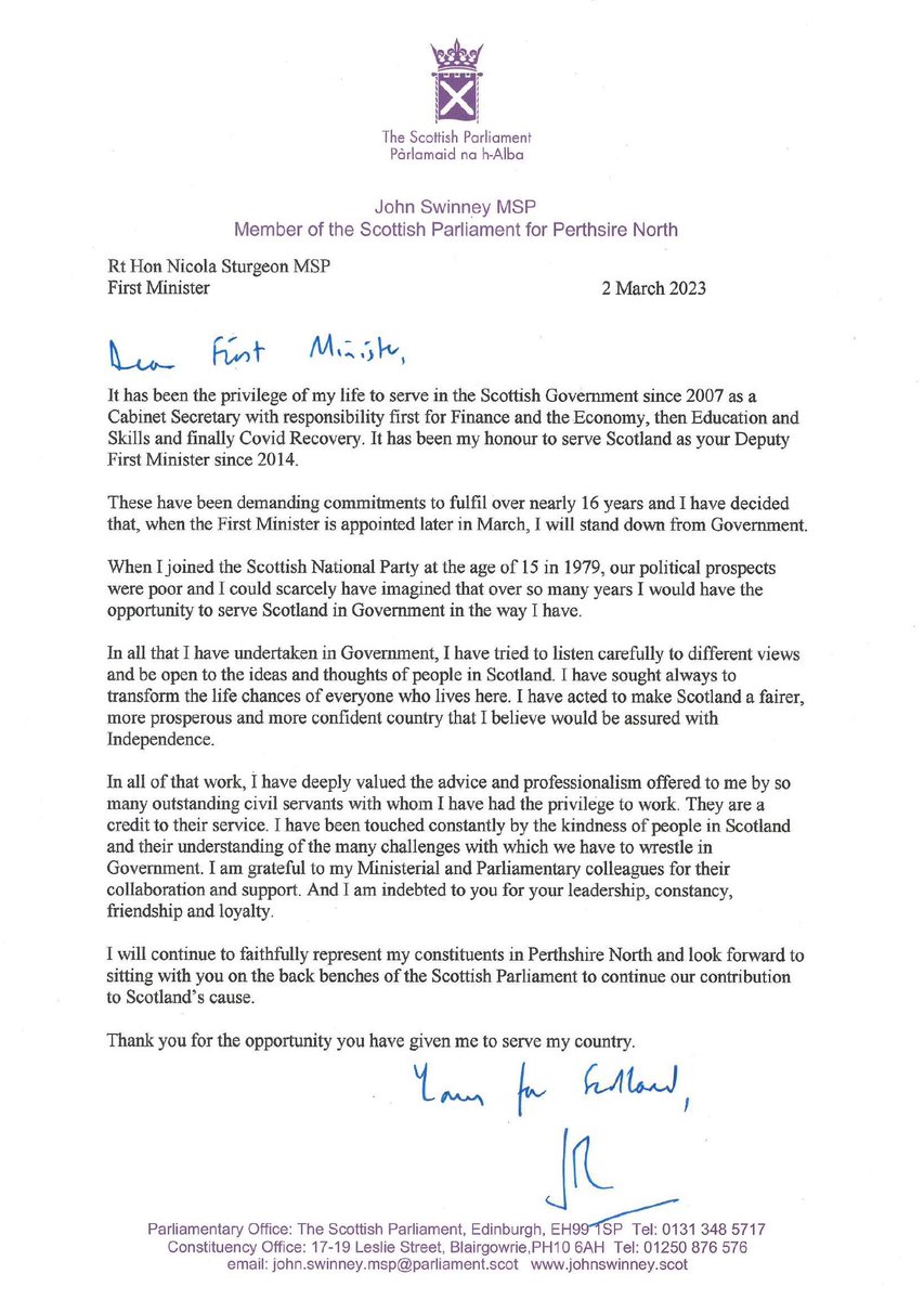 JohnSwinney's tweet photo. After almost 16 years as a Minister, I have today written to the First Minister to say that when her successor is appointed I will leave Government. Serving Scotland has been the privilege of my life. Thank you. 👇 https://t.co/2tmFXcYOtU