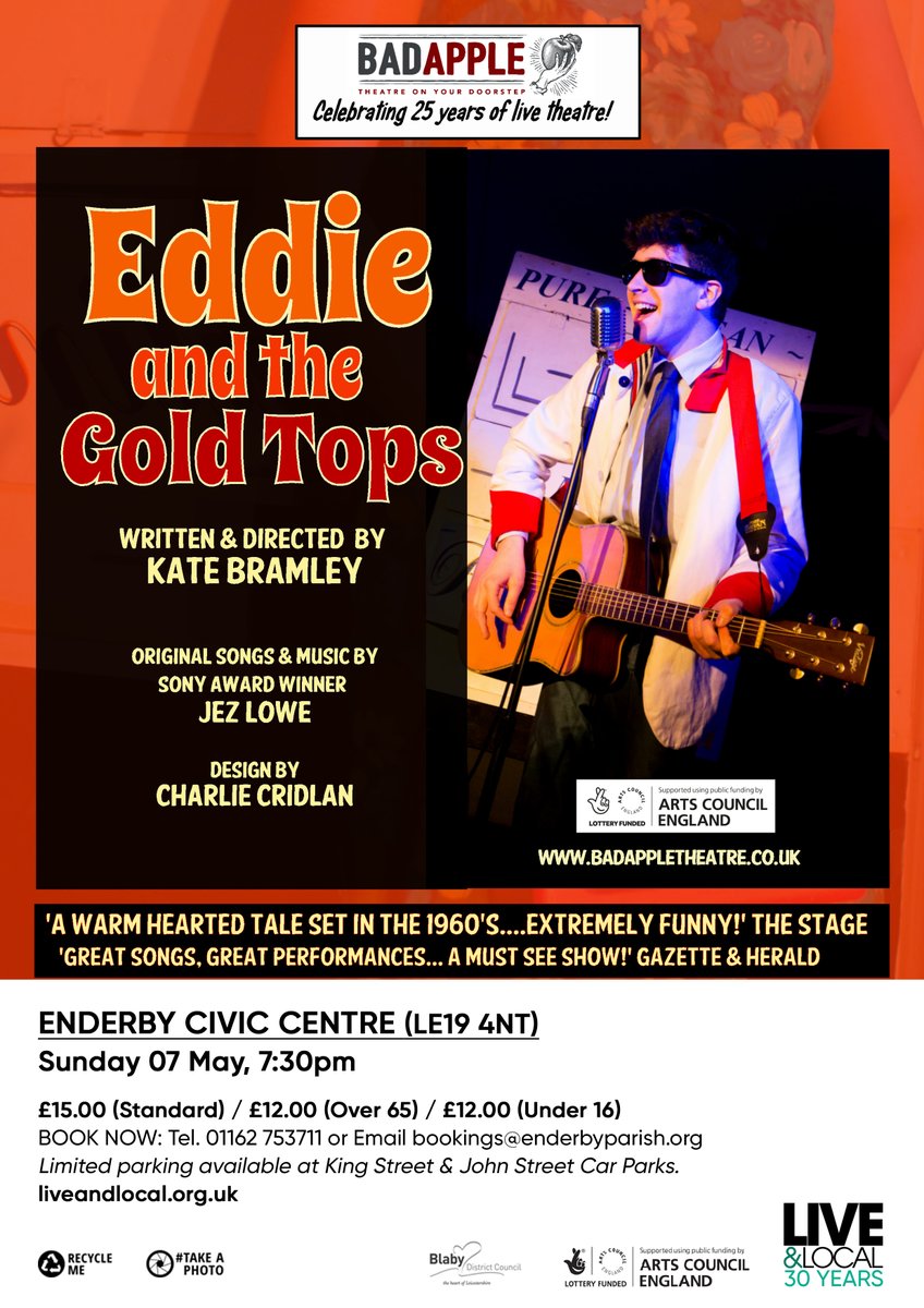 Eddie and the Gold Tops Tickets  on sale NOW! 

This is a lovely feel-good show which has 'done the rounds' of village halls and has rousing applause everywhere it goes. 
It will particularly please 60's music lovers!  Tel. 0116 2753711 to learn more...
