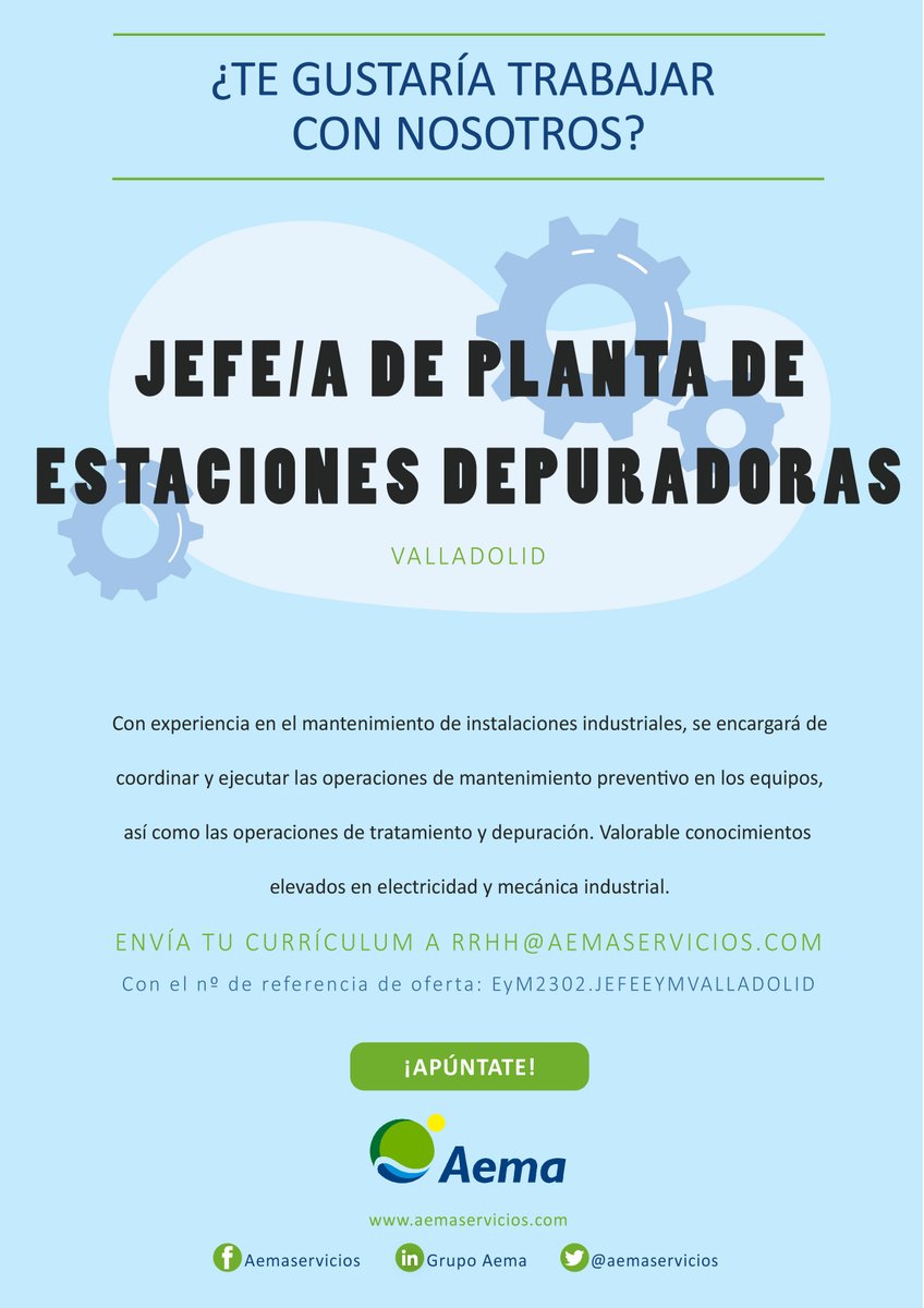 ¡Estamos buscando Jefe/a de Planta de Estaciones Depuradoras! ¿Quierés unirte a nuestro equipo? 🤔

📍Valladolid
📆 Incorporación inmediata

Si quieres saber más sobre ofertas de empleo 👇ow.ly/rM3F50N73Xq