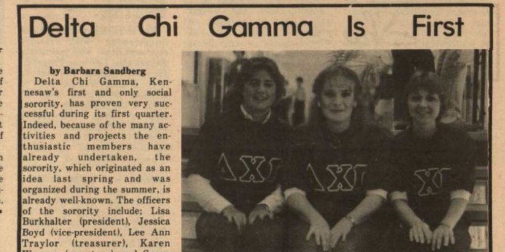 KSU_Archives's tweet photo. Did you know that KSU's first social sorority, Delta Chi Gamma, formed on the Kennesaw College campus in 1982? The chapter affiliated with a national organization in 1989, becoming @PhiMuKSU. 
#KennesawStateUniversity #TBT #WomensHistoryMonth @KSUGreekLife https://t.co/ALugzJUVGH