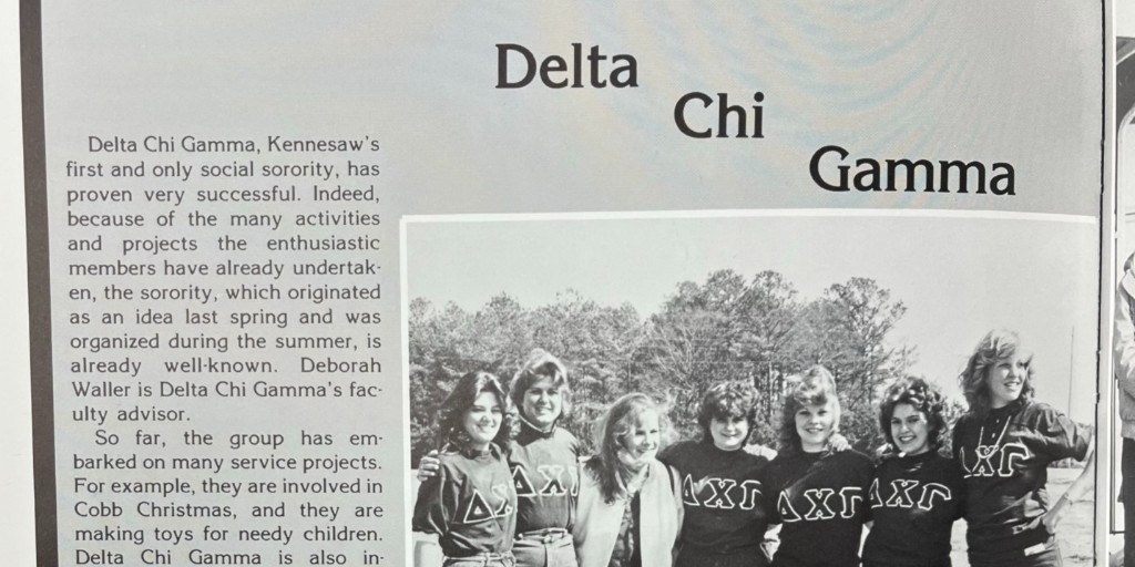 KSU_Archives's tweet photo. Did you know that KSU's first social sorority, Delta Chi Gamma, formed on the Kennesaw College campus in 1982? The chapter affiliated with a national organization in 1989, becoming @PhiMuKSU. 
#KennesawStateUniversity #TBT #WomensHistoryMonth @KSUGreekLife https://t.co/ALugzJUVGH