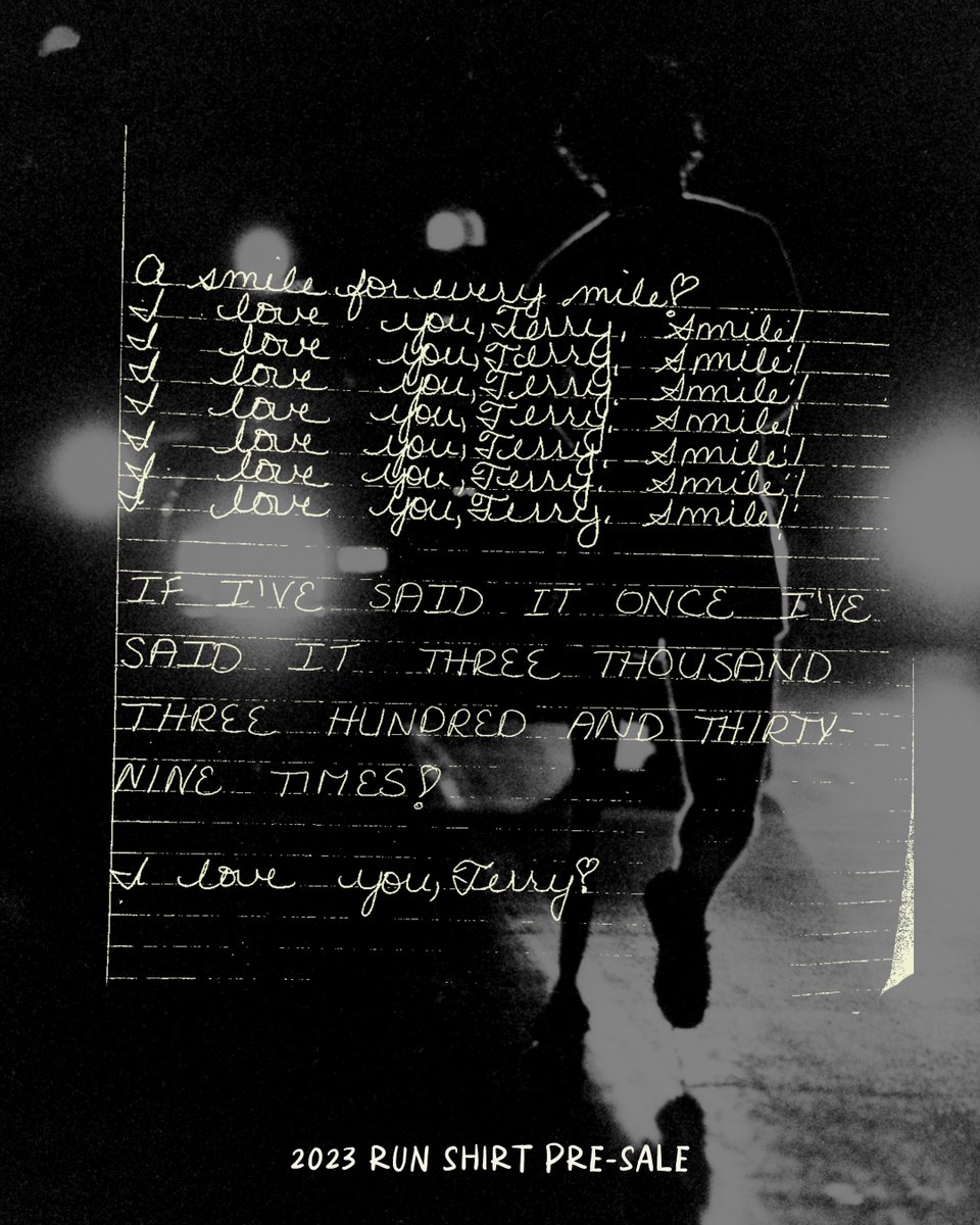 TerryFoxCanada's tweet photo. In 1980, Jody wrote the words, “I love you, Terry. Smile!” 3,339 times in a letter to Terry. A smile for every mile. This year, Jody’s message is a part of our #TerryFoxRun shirt.

Pre-order your #DearTerry shirt today at https://t.co/fwicQ9kLFC

Photo of Terry Fox by Gail Harvey https://t.co/Uf3gxqIoCN
