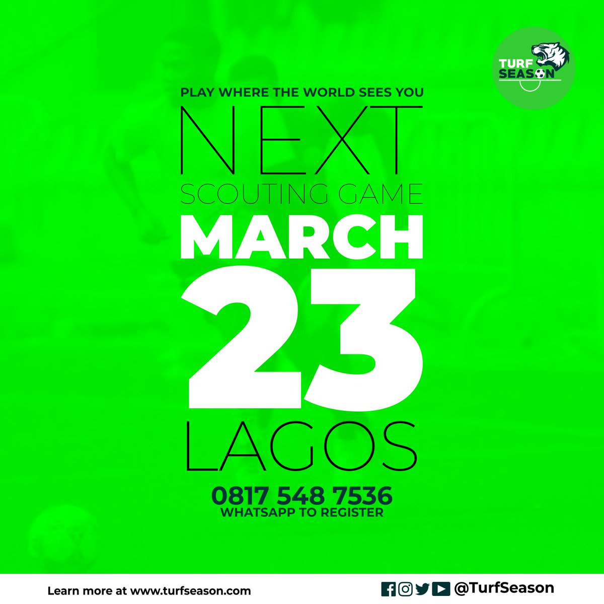 Next Game comes up March 23, 2023!

Join the Next Football Stars.

Learn more at turfseason.com

#TurfSeason #Nigeria #Football #TalentID #FootballTrials