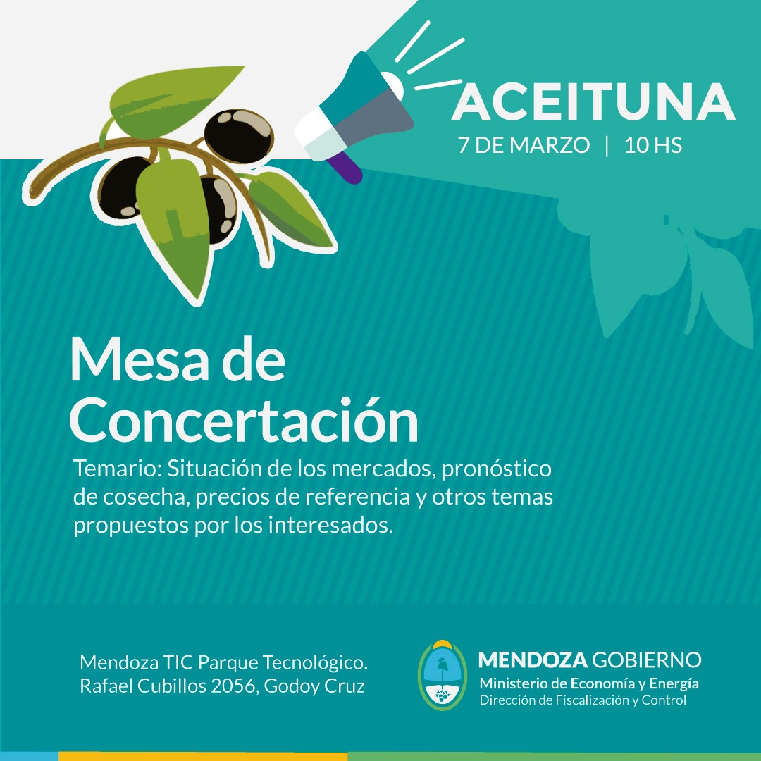 #Gestión #Mendoza 
📢¡Atención industriales y productores de Aceituna!
📆El próximo 7 de marzo los esperamos desde las 10 hs en el <a href="/ParqueTIC/">Mendoza TIC Parque Tecnológico</a> para participar de la Mesa de Concertación del sector 
Inscripciones en forms.gle/Y4Hfxts8zbbWPW…