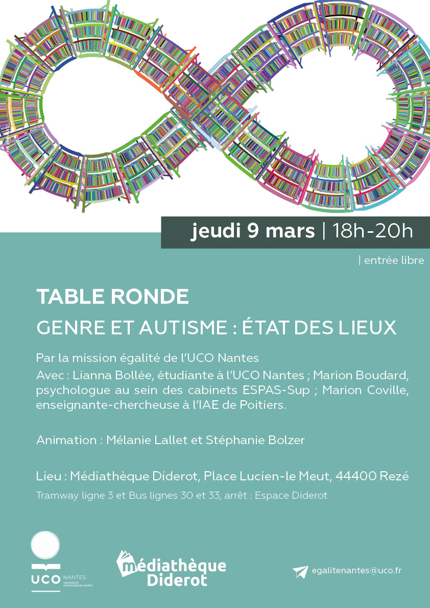 Le 9 mars prochain de 18h à 20h j'aurai le plaisir d'animer une table ronde sur le Genre et l'autisme à la médiathèque de Rezé. Avec <a href="/Moossye/">Marion Coville ⏚ @moossye@piaille.fr</a>, Marion Boudard et Lianna Bollée. L'entrée est libre, venez nombreu.x/ses !