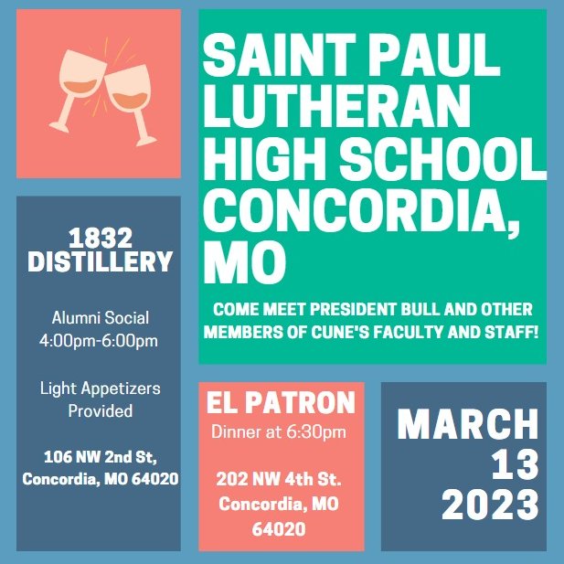 President Bull is visiting Saint Paul Lutheran High School in Concordia, Missouri! There will also be many other events going on, including a Chapel led by President Bull and the students, an Alumni social, and a dinner at El Patron, Alumni and friends welcome!
