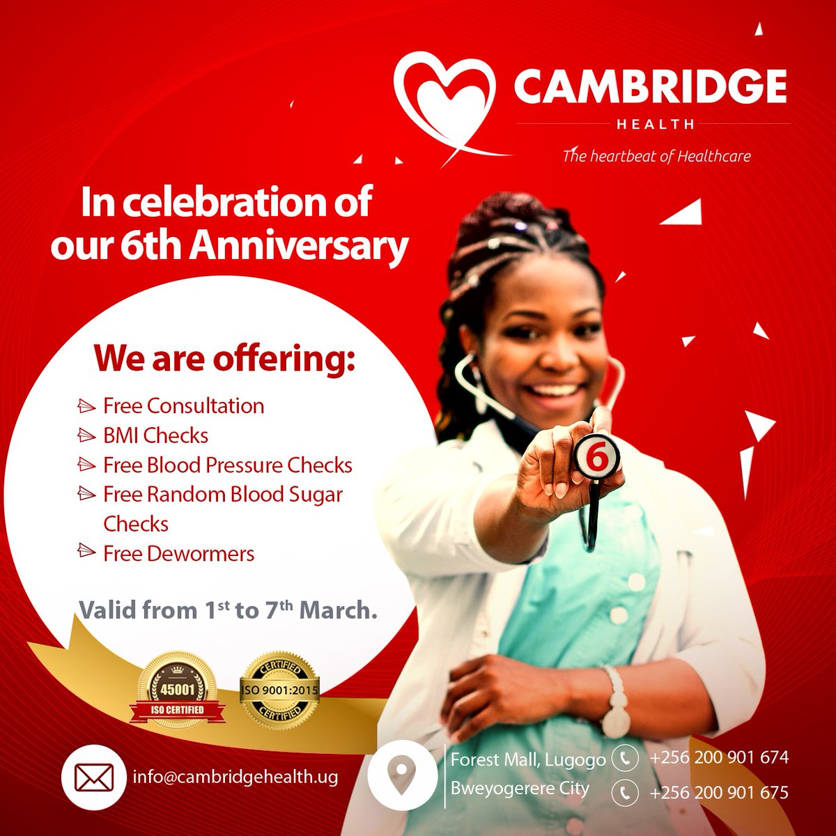 CHealthUG's tweet photo. #6thAnniversary
In celebration of our 6th Anniversary, we are offering Free Consultation, BMI Checks, Free Blood Pressure Checks, Free Random Blood Sugar Checks & Free Dewormers.
Visit us at our Forest Mall & Bweyogerere City branches to access all our services.
#FreeCheckUps https://t.co/GzMNw8chJM