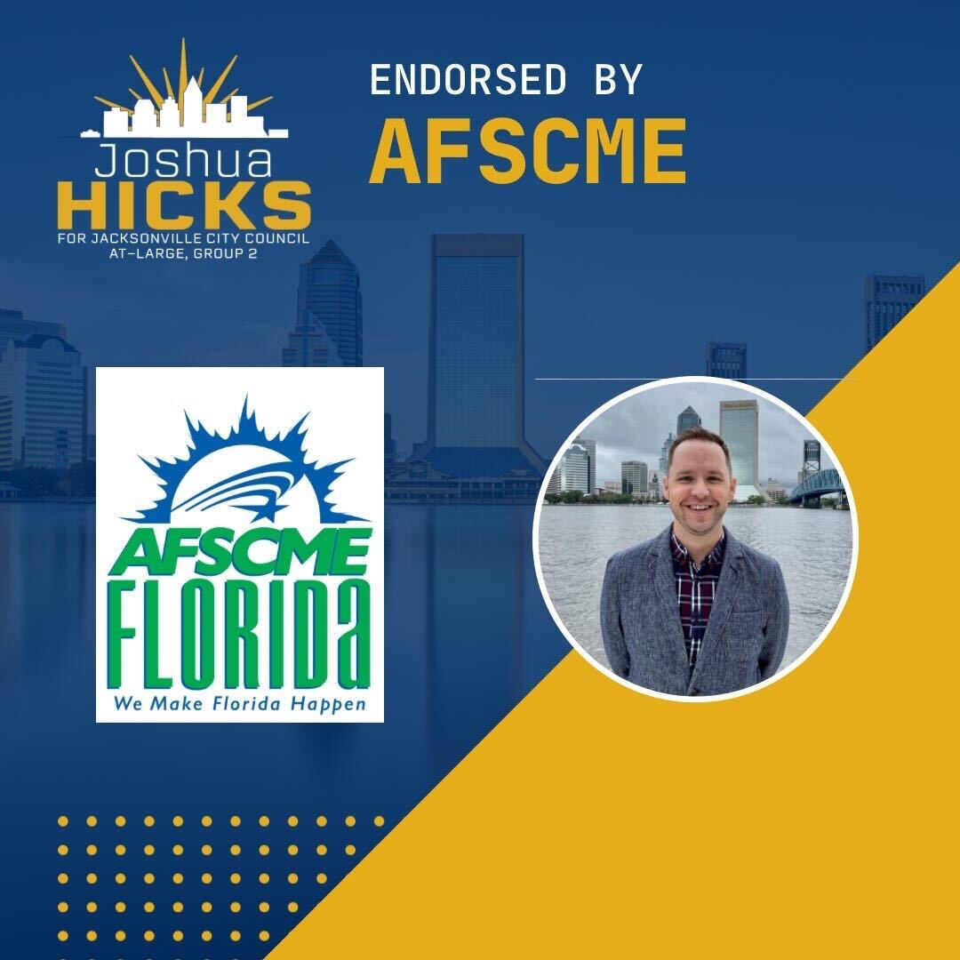 It is an honor to be endorsed by @AFSCMEFL! Every day, our city employees go to work with the mission of improving Jacksonville for the better. I promise to uphold their commitment to service within City Hall and always fight to keep our city services like JEA in public hands.