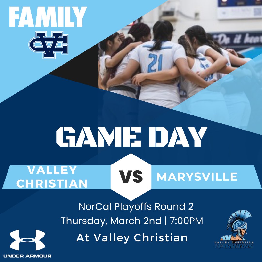 VC_Girlsbball's tweet photo. 🚨Game Day🚨
🏆 CIF NorCal Quarter Finals
🏀 Valley Christian vs. Marysville 
🗓 3/2/2023
⏰ 7:00pm 
📍at Valley Christian High School

@VCHSAthletics @WCALSports https://t.co/uEBcWRkBNn