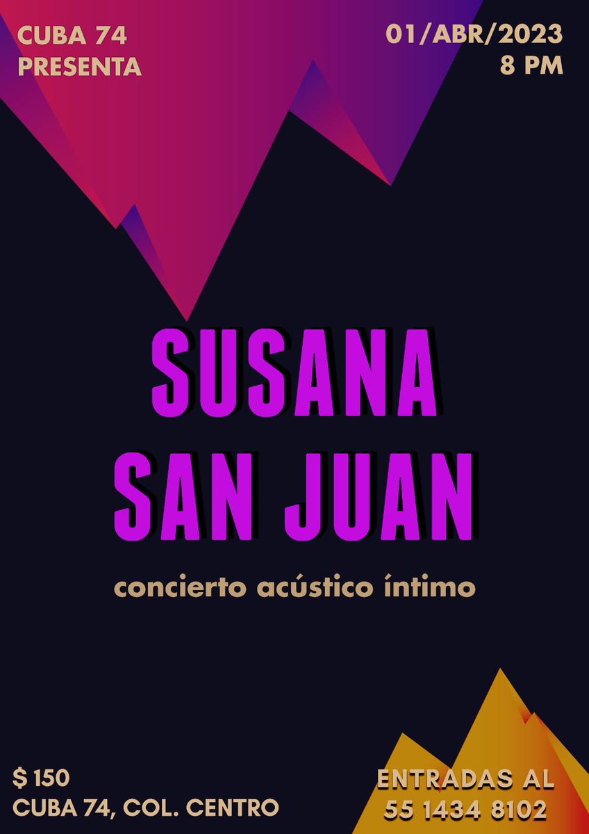 SusanaSanJuan_R's tweet photo. el #1ABR vamos a presentar un #acústico en #CUBA74 
@BerlangaMarlon escriban al número del flyer o por DM aquí. 
#gig #venues #Concierto #conciertos #presentación #cartelera #cdmx #musica #FelizMiercoles #musicanueva https://t.co/I1FBND45Iz