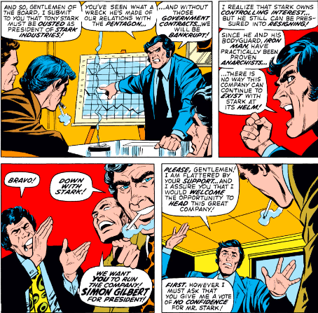 MarvelADay's tweet photo. #MarvelADay #IM45 Meanwhile, back at Stark Industries, Simon Gilbert (First Appearance Alert!) has gathered the Board of Directors and talks them into a "no confidence" vote against Tony Stark as President. - VA https://t.co/K4tcQc0kxD