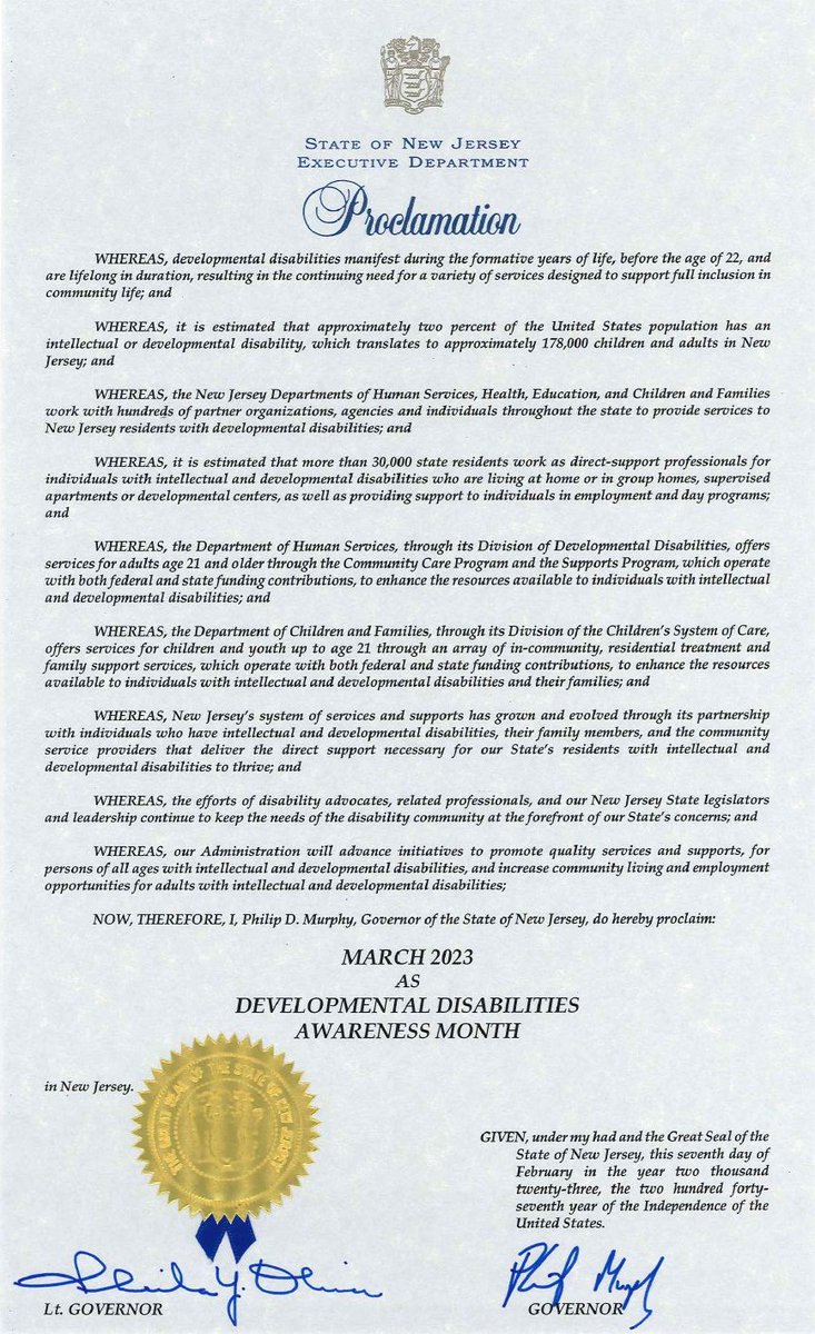 NJDHS's tweet image. .@GovMurphy has officially declared March to be #DevelopmentalDisabilitesAwarenessMonth in NJ!
This month seeks to raise awareness and celebrate people with intellectual and developmental disabilities, their families and caregivers, throughout New Jersey.  #DDAwareness2023