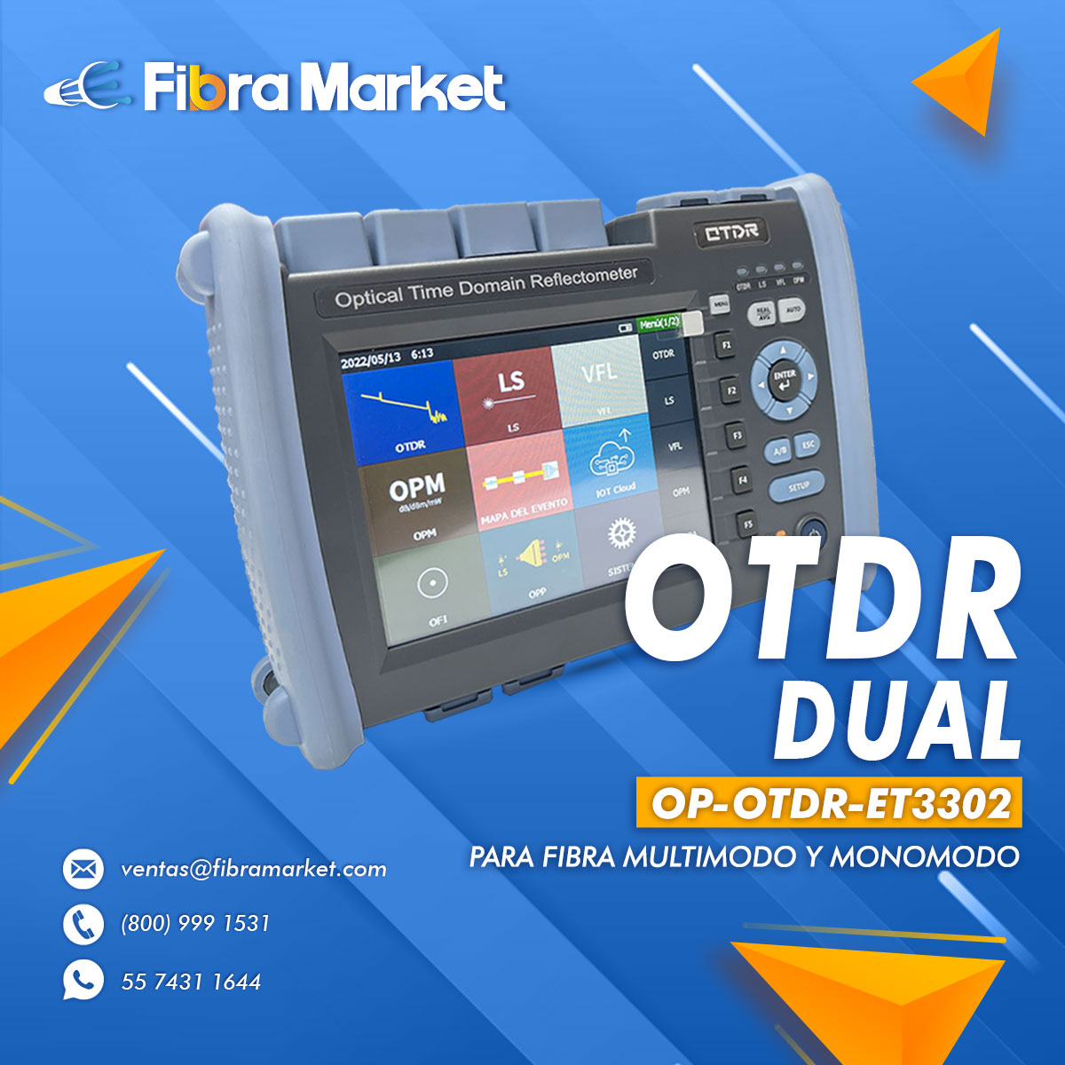 FibraMarket's tweet photo. 🔵OTDR ET3302 DUAL🔵
Es un equipo de medición de fibra óptica de nueva generación que funciona en redes #monomodo y #multimodo.
Ve más sobre el producto aquí 👇
https://t.co/uPWCbGZEq8
#otdr #tecnologia #fibraoptica #telecom #redes https://t.co/y0WriAnQSu