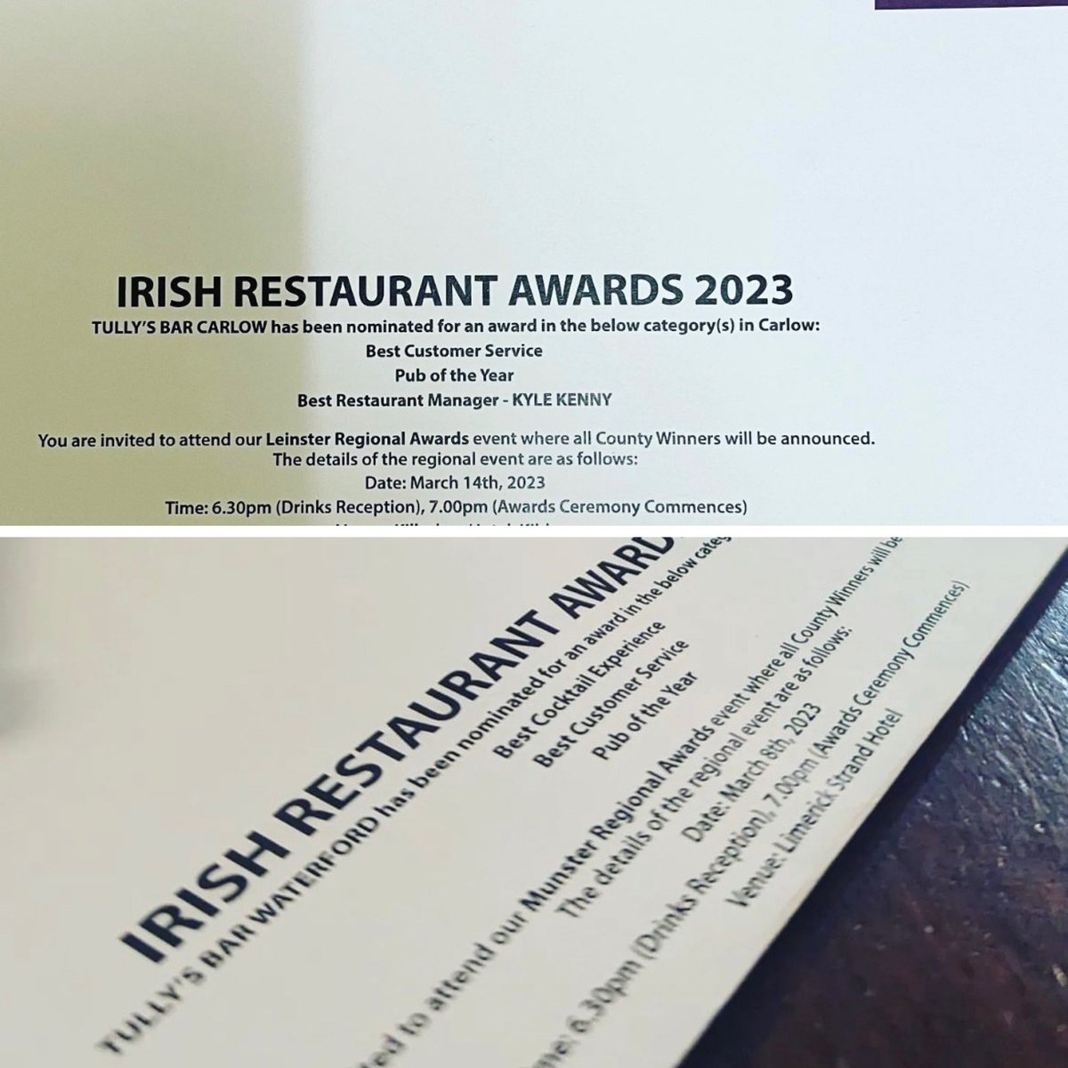 Fairplay to the teams in both <a href="/TullysBarCarlow/">TullysBarCarlow</a> and <a href="/TullysWaterford/">TullysBarWaterford</a> 

Most letters in the door don’t brighten up your day but these are ones we love to see. 

Delighted too with the customer focused nature of the categories we’ve been nominated in.